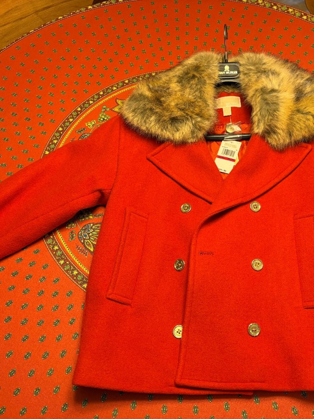 Faux Fur Collar Wool Peacoat - RED - XS